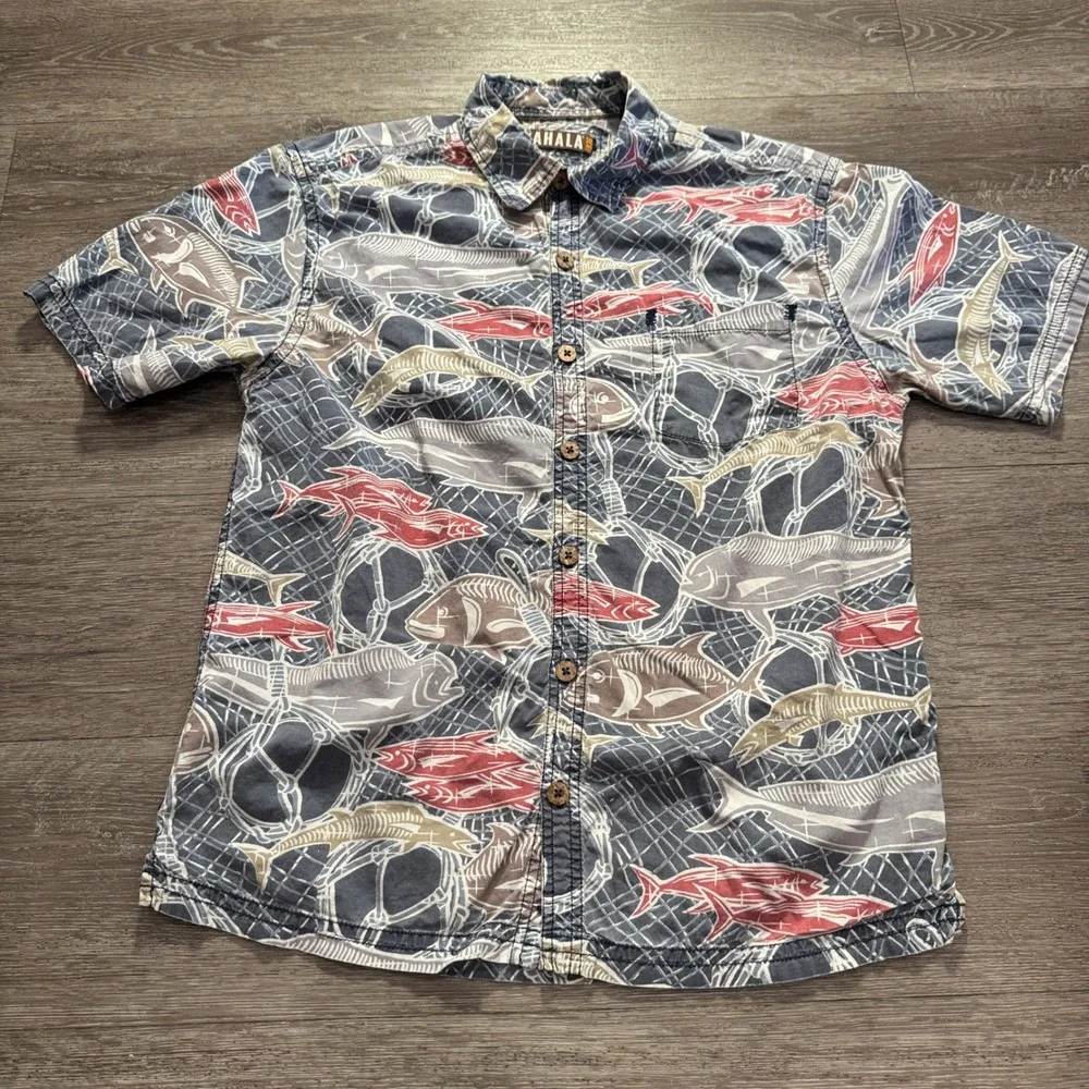 Kahala Shirt Mens M Blue Red Fish Print Cotton Vacation Hawaiian Aloha Resort